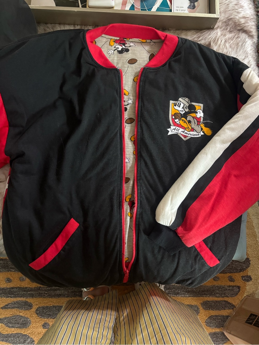 Vintage Disney Mickey “All American” Football Reversible Bomber Jacket. Size L.